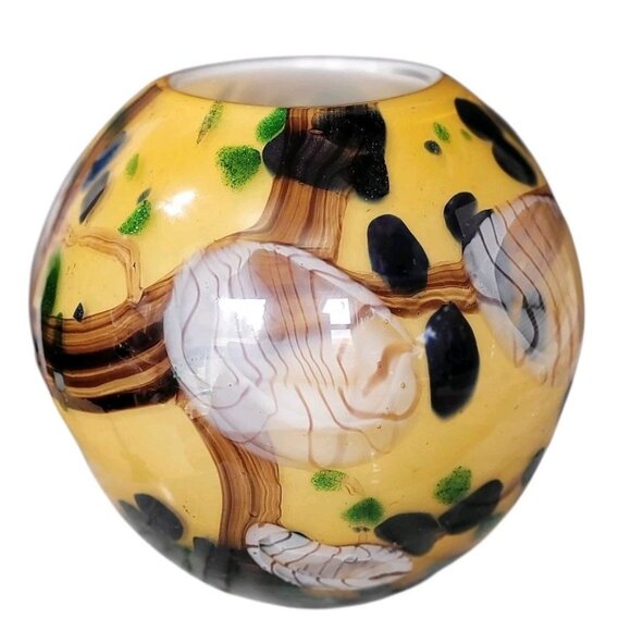 Vintage Murano Style Round Hand Blown Glass Vase Yellow Cobalt - Picture 7 of 9